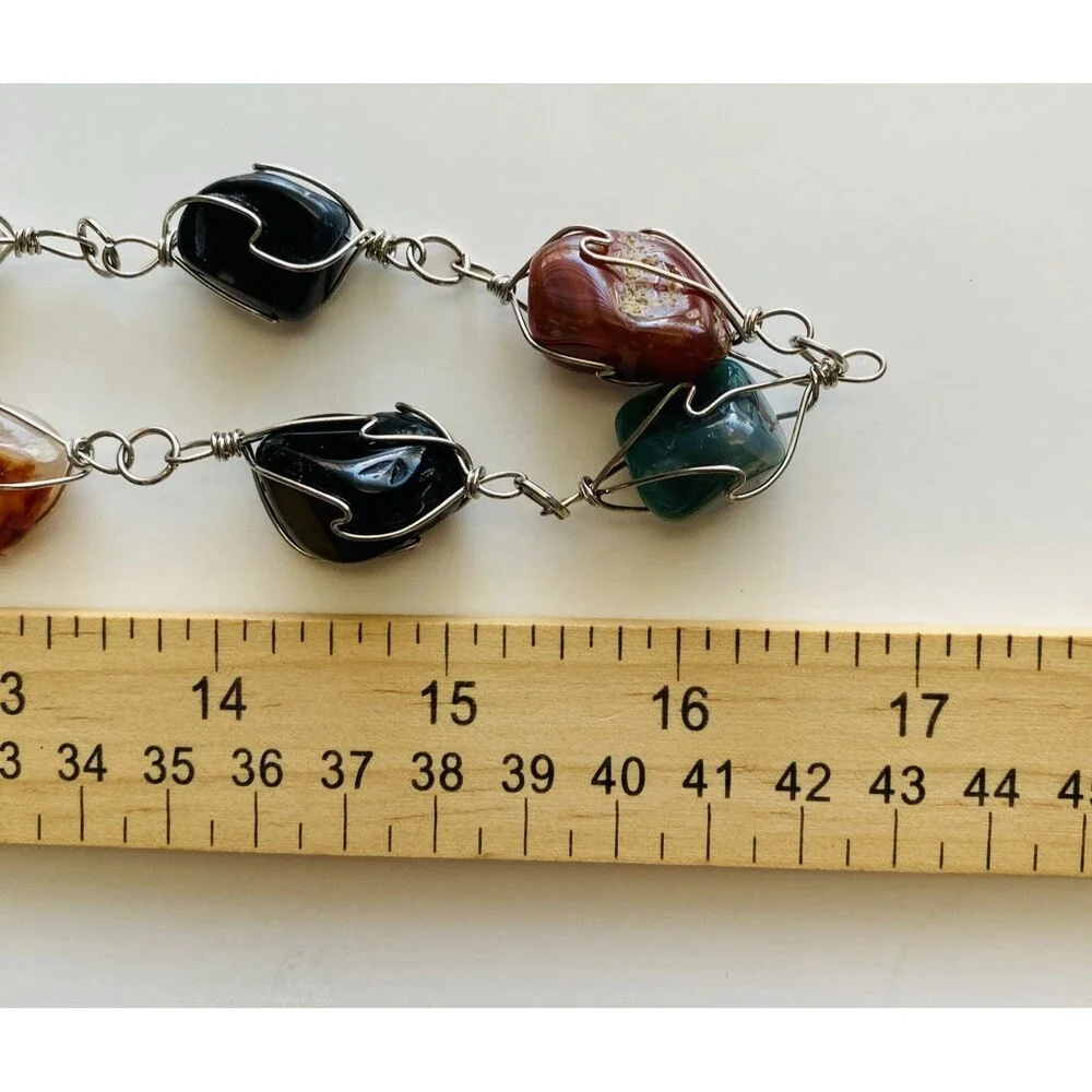 Vintage 33 Inch Artisan Wire-Wrapped Gemstone Cage Necklace Boho Festival Earthy
